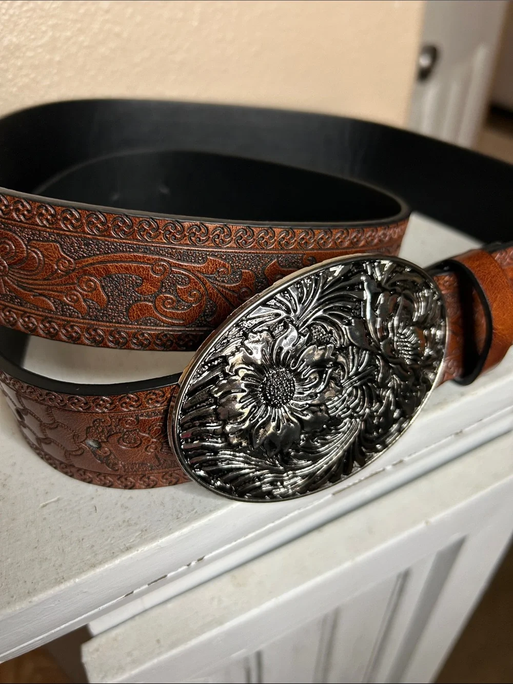 WESTERN Floral Embossed PU Belt and Buckle
